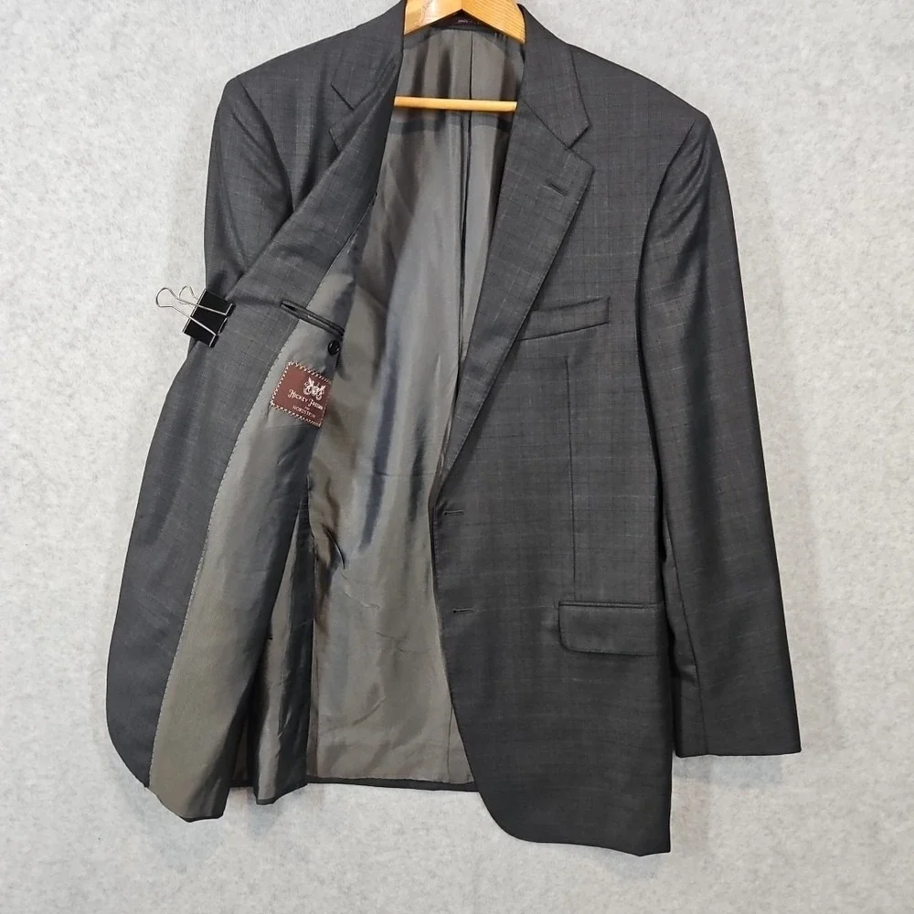 Hickey Freeman 42L Plaid Dark Grey 100% Worsted Wool Jacket Blazer Sport Coat